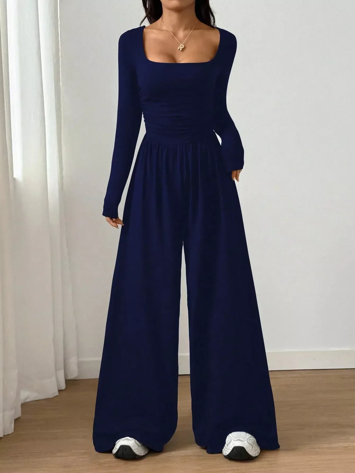 💕 One Outfit, Instant Elegance! ✨ Women's Square Neck Wide-Leg Jumpsuit – Flattering Ruched Waist, Chic Long Sleeves & Flowing Wide-Leg Design for a Sleek, Feminine Look from Casual Days to Date Nights! 👗