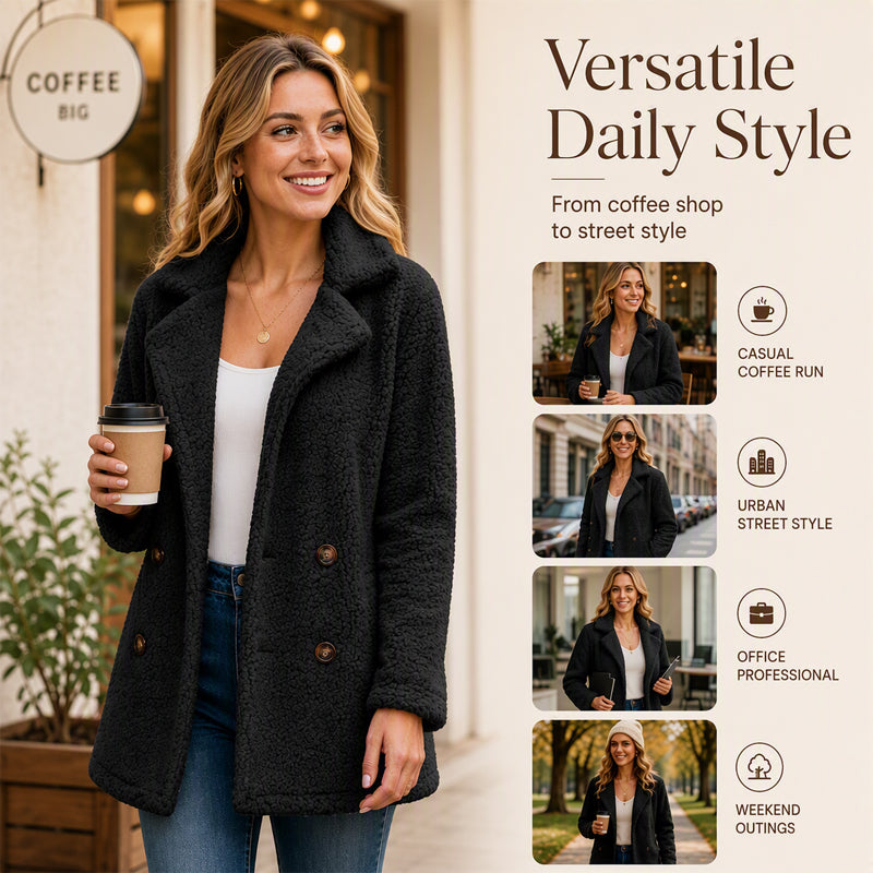 🧥 Tired of Bulky, Boring Winter Coats? ❄️ Women's Cozy Plush-Textured Double-Breasted Coat – Elegant Lapel Collar, Relaxed Fit & Timeless Style for Warm, Beautifully Put-Together Fall & Winter Outfits! 💕