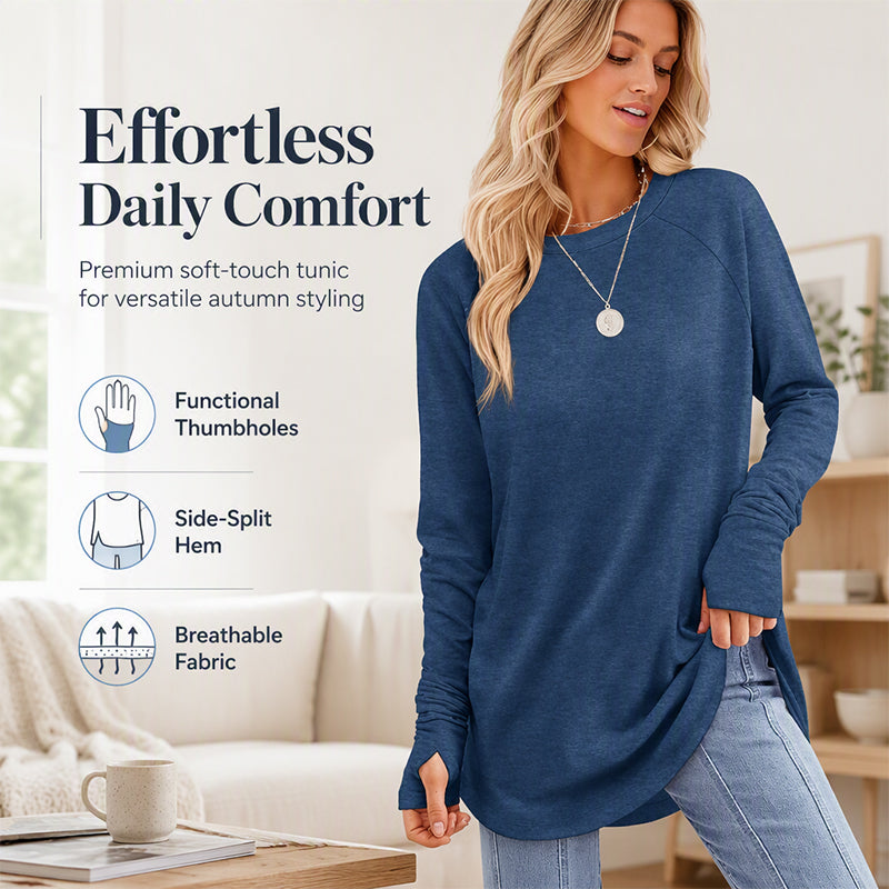 ✨ Women's Soft & Breathable Long Sleeve Tunic – Relaxed Fit, Cozy Crewneck, Handy Thumbholes & Stylish Side Slits for Effortless Everyday Comfort! 🍂