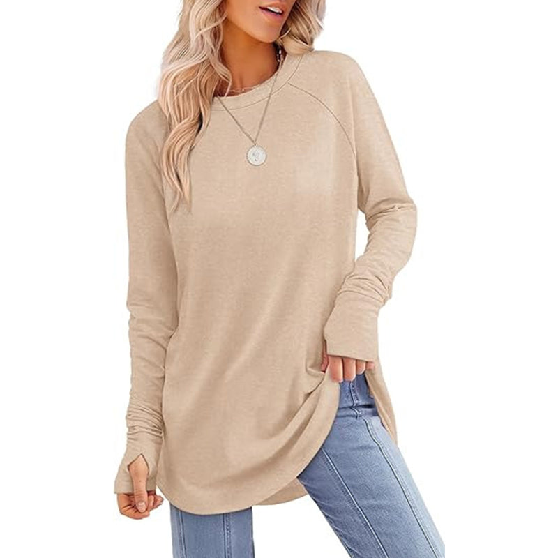 ✨ Women's Soft & Breathable Long Sleeve Tunic – Relaxed Fit, Cozy Crewneck, Handy Thumbholes & Stylish Side Slits for Effortless Everyday Comfort! 🍂