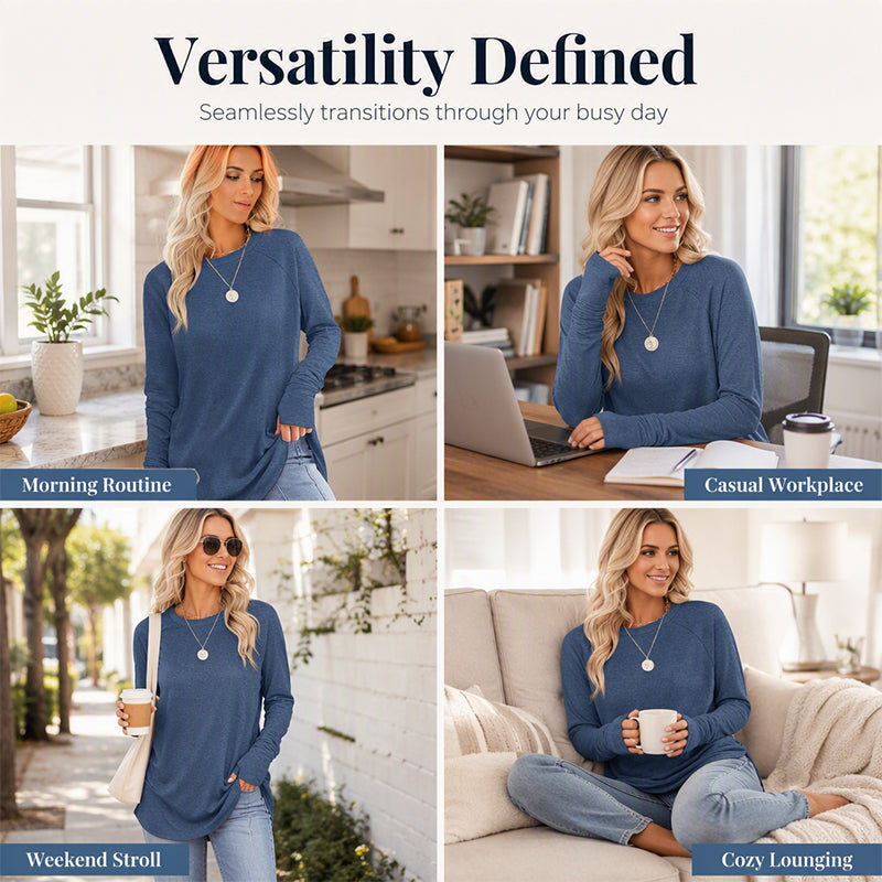 ✨ Women's Soft & Breathable Long Sleeve Tunic – Relaxed Fit, Cozy Crewneck, Handy Thumbholes & Stylish Side Slits for Effortless Everyday Comfort! 🍂