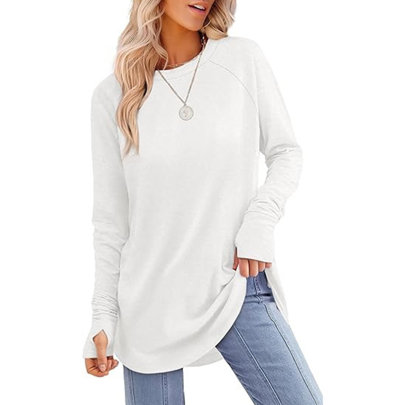 ✨ Women's Soft & Breathable Long Sleeve Tunic – Relaxed Fit, Cozy Crewneck, Handy Thumbholes & Stylish Side Slits for Effortless Everyday Comfort! 🍂