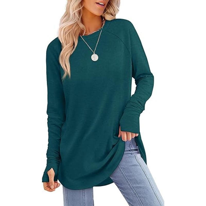 ✨ Women's Soft & Breathable Long Sleeve Tunic – Relaxed Fit, Cozy Crewneck, Handy Thumbholes & Stylish Side Slits for Effortless Everyday Comfort! 🍂