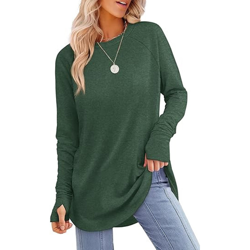 ✨ Women's Soft & Breathable Long Sleeve Tunic – Relaxed Fit, Cozy Crewneck, Handy Thumbholes & Stylish Side Slits for Effortless Everyday Comfort! 🍂