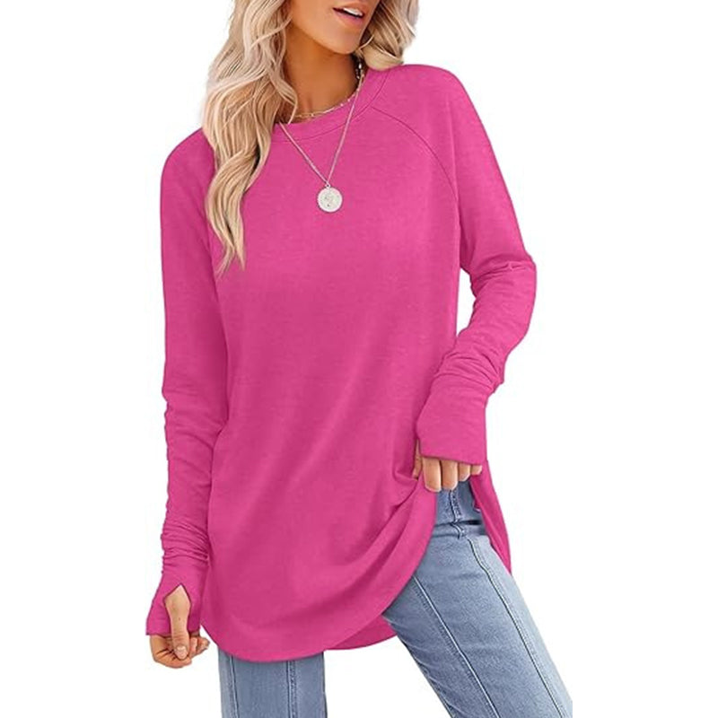 ✨ Women's Soft & Breathable Long Sleeve Tunic – Relaxed Fit, Cozy Crewneck, Handy Thumbholes & Stylish Side Slits for Effortless Everyday Comfort! 🍂