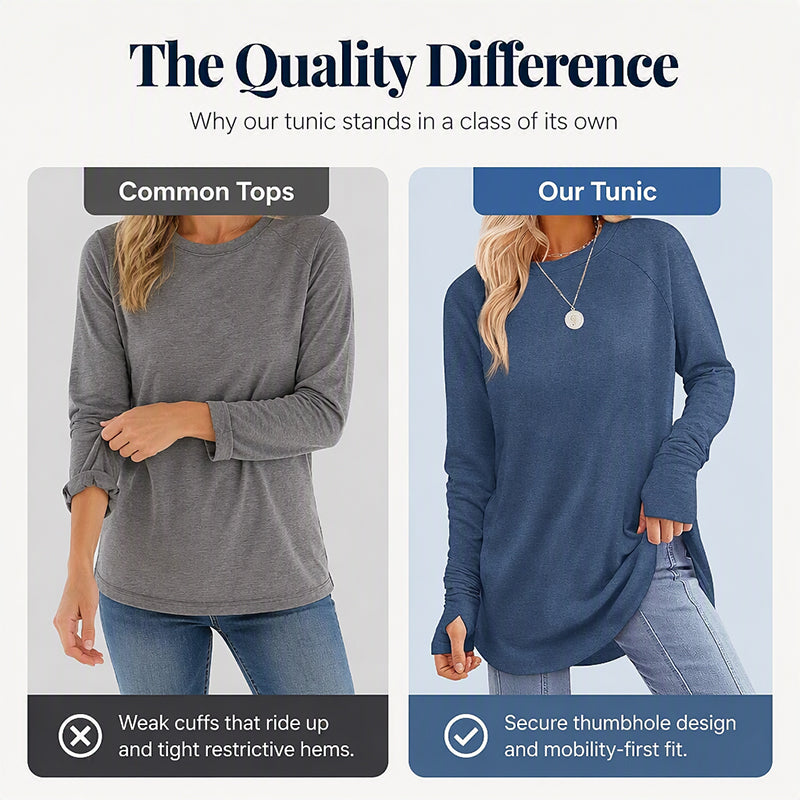 ✨ Women's Soft & Breathable Long Sleeve Tunic – Relaxed Fit, Cozy Crewneck, Handy Thumbholes & Stylish Side Slits for Effortless Everyday Comfort! 🍂