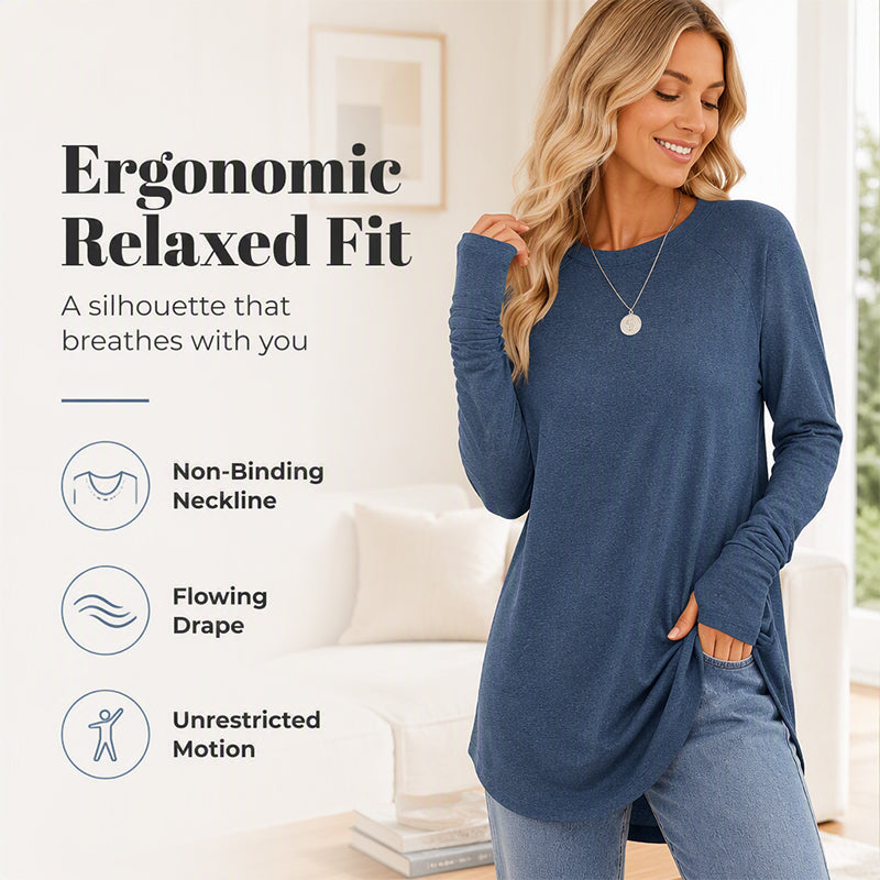 ✨ Women's Soft & Breathable Long Sleeve Tunic – Relaxed Fit, Cozy Crewneck, Handy Thumbholes & Stylish Side Slits for Effortless Everyday Comfort! 🍂