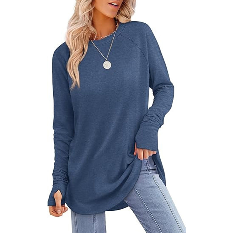 ✨ Women's Soft & Breathable Long Sleeve Tunic – Relaxed Fit, Cozy Crewneck, Handy Thumbholes & Stylish Side Slits for Effortless Everyday Comfort! 🍂