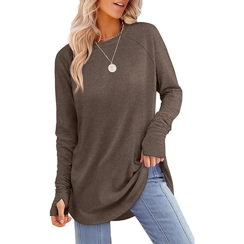 ✨ Women's Soft & Breathable Long Sleeve Tunic – Relaxed Fit, Cozy Crewneck, Handy Thumbholes & Stylish Side Slits for Effortless Everyday Comfort! 🍂