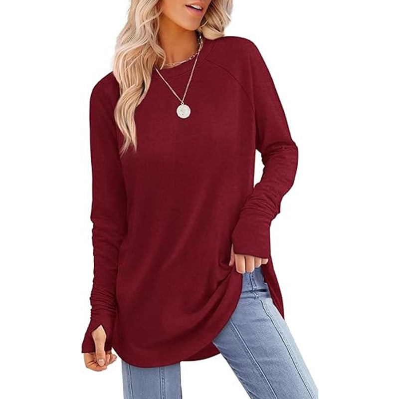✨ Women's Soft & Breathable Long Sleeve Tunic – Relaxed Fit, Cozy Crewneck, Handy Thumbholes & Stylish Side Slits for Effortless Everyday Comfort! 🍂