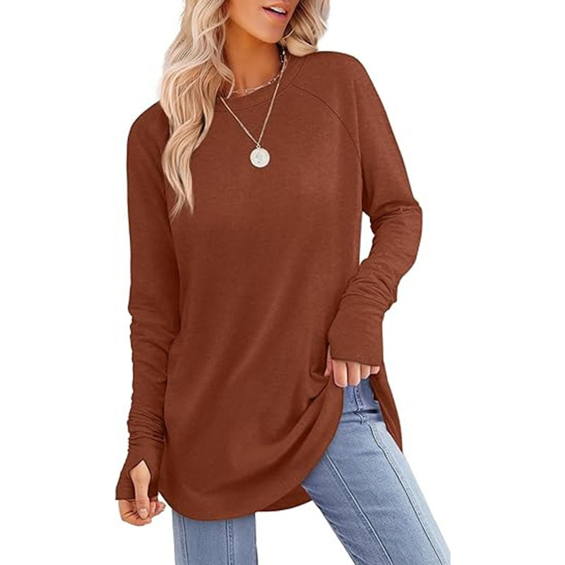 ✨ Women's Soft & Breathable Long Sleeve Tunic – Relaxed Fit, Cozy Crewneck, Handy Thumbholes & Stylish Side Slits for Effortless Everyday Comfort! 🍂