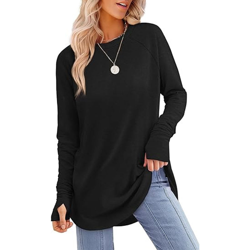 ✨ Women's Soft & Breathable Long Sleeve Tunic – Relaxed Fit, Cozy Crewneck, Handy Thumbholes & Stylish Side Slits for Effortless Everyday Comfort! 🍂