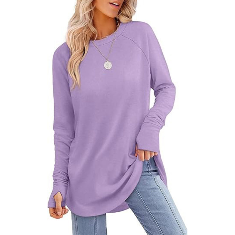 ✨ Women's Soft & Breathable Long Sleeve Tunic – Relaxed Fit, Cozy Crewneck, Handy Thumbholes & Stylish Side Slits for Effortless Everyday Comfort! 🍂