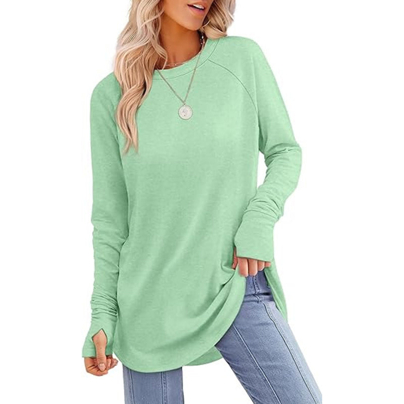 ✨ Women's Soft & Breathable Long Sleeve Tunic – Relaxed Fit, Cozy Crewneck, Handy Thumbholes & Stylish Side Slits for Effortless Everyday Comfort! 🍂