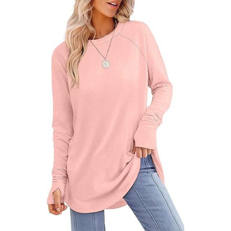 ✨ Women's Soft & Breathable Long Sleeve Tunic – Relaxed Fit, Cozy Crewneck, Handy Thumbholes & Stylish Side Slits for Effortless Everyday Comfort! 🍂