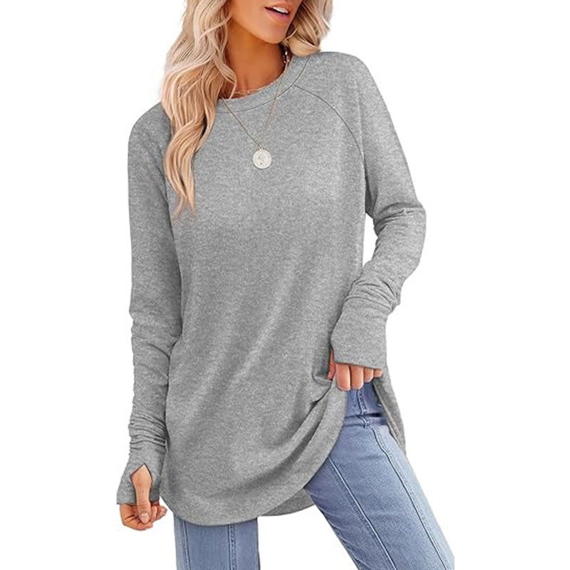 ✨ Women's Soft & Breathable Long Sleeve Tunic – Relaxed Fit, Cozy Crewneck, Handy Thumbholes & Stylish Side Slits for Effortless Everyday Comfort! 🍂