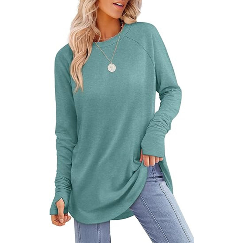 ✨ Women's Soft & Breathable Long Sleeve Tunic – Relaxed Fit, Cozy Crewneck, Handy Thumbholes & Stylish Side Slits for Effortless Everyday Comfort! 🍂