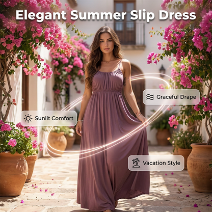 ✨ Adjustable Drawstring, Effortless Flowy Drape | Women's Spaghetti-Strap Maxi Dress