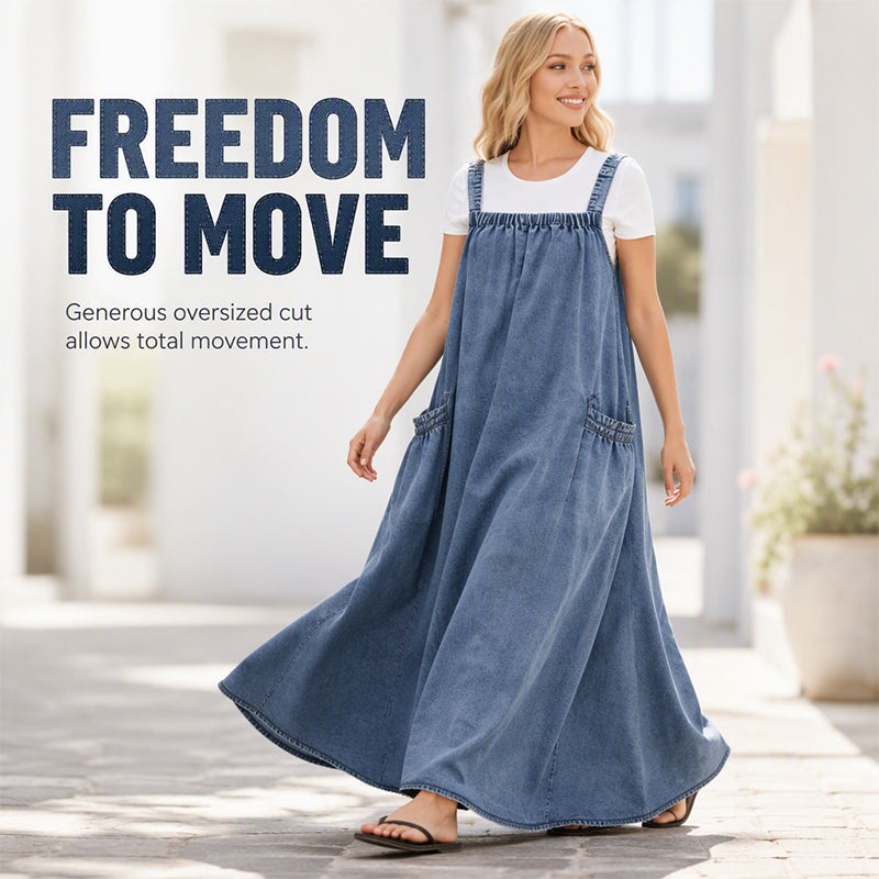 💙 Women's Oversized Denim Pinafore Maxi Dress – Flowy A-Line Silhouette, Adjustable Shoulder Straps, Relaxed Loose Fit & Handy Side Pockets for Effortlessly Chic Everyday Style! ✨