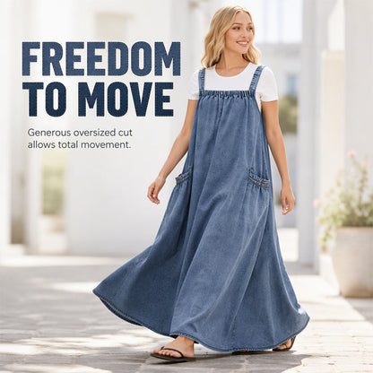 💙 Women's Oversized Denim Pinafore Maxi Dress – Flowy A-Line Silhouette, Adjustable Shoulder Straps, Relaxed Loose Fit & Handy Side Pockets for Effortlessly Chic Everyday Style! ✨
