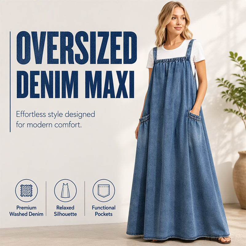 💙 Women's Oversized Denim Pinafore Maxi Dress – Flowy A-Line Silhouette, Adjustable Shoulder Straps, Relaxed Loose Fit & Handy Side Pockets for Effortlessly Chic Everyday Style! ✨