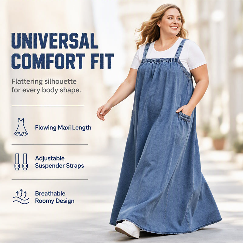 💙 Women's Oversized Denim Pinafore Maxi Dress – Flowy A-Line Silhouette, Adjustable Shoulder Straps, Relaxed Loose Fit & Handy Side Pockets for Effortlessly Chic Everyday Style! ✨