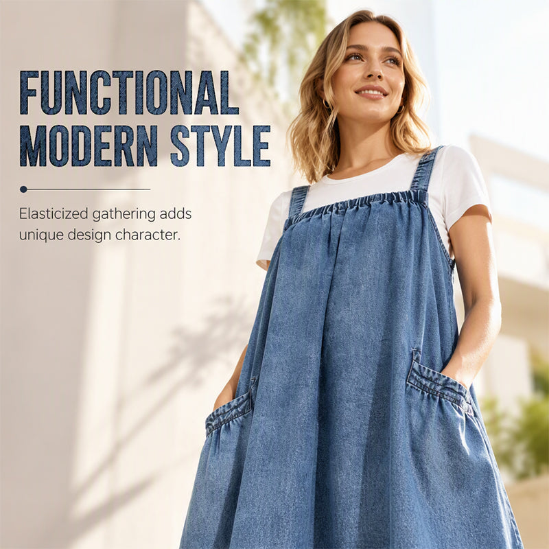 💙 Women's Oversized Denim Pinafore Maxi Dress – Flowy A-Line Silhouette, Adjustable Shoulder Straps, Relaxed Loose Fit & Handy Side Pockets for Effortlessly Chic Everyday Style! ✨