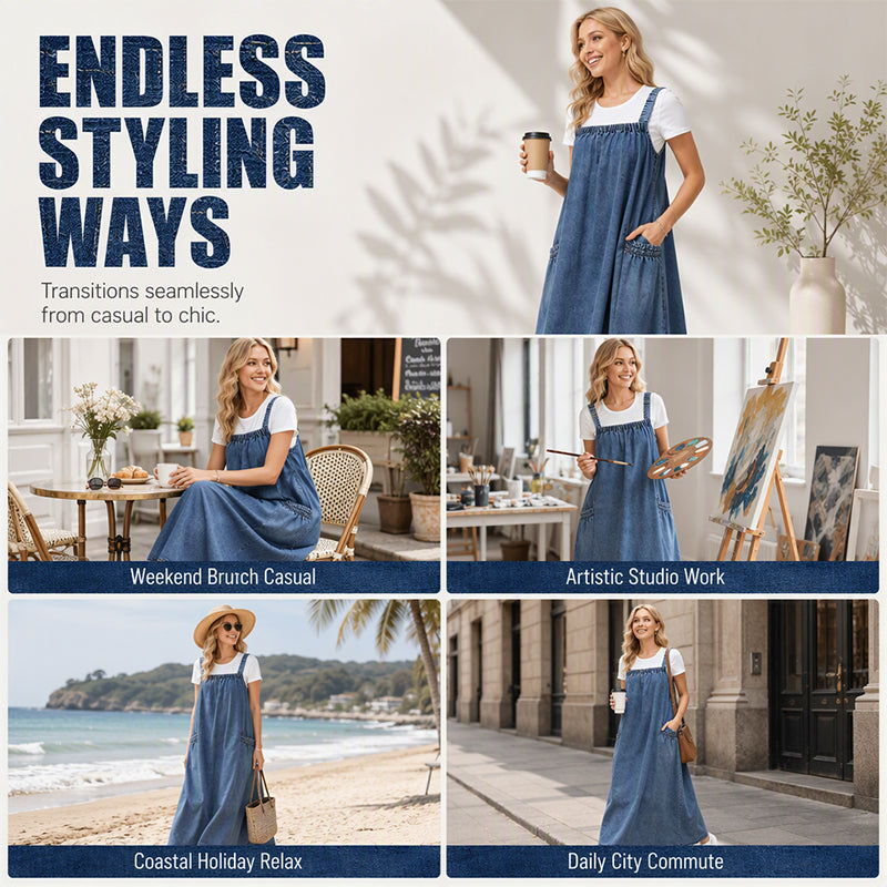 💙 Women's Oversized Denim Pinafore Maxi Dress – Flowy A-Line Silhouette, Adjustable Shoulder Straps, Relaxed Loose Fit & Handy Side Pockets for Effortlessly Chic Everyday Style! ✨