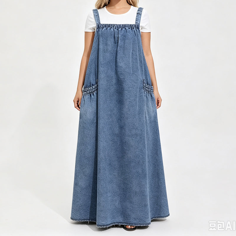 💙 Women's Oversized Denim Pinafore Maxi Dress – Flowy A-Line Silhouette, Adjustable Shoulder Straps, Relaxed Loose Fit & Handy Side Pockets for Effortlessly Chic Everyday Style! ✨