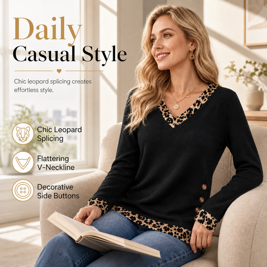 Basic Knitwear Just Got a Wild Little Makeover! Women's V-Neck Long Sleeve Knit Top with Eye-Catching Leopard Print Trim, Charming Decorative Side Buttons & a Beautifully Stylish Look That Makes Everyday Outfits Anything but Ordinary