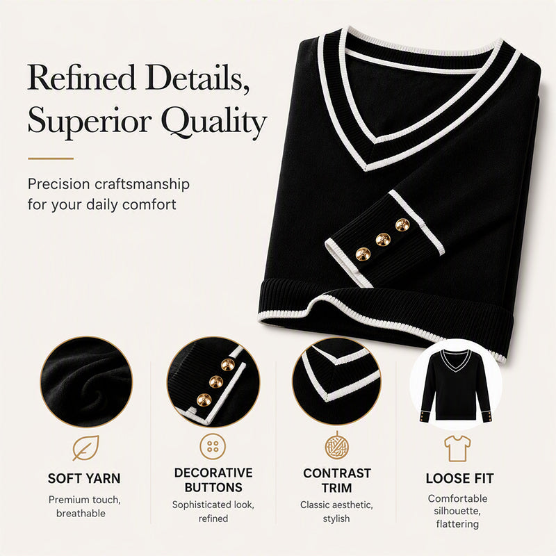 Effortless Everyday Style | Women’s Contrast-Trim V-Neck Knit Pullover with Button Cuffs – Soft, Flattering & Easy to Wear