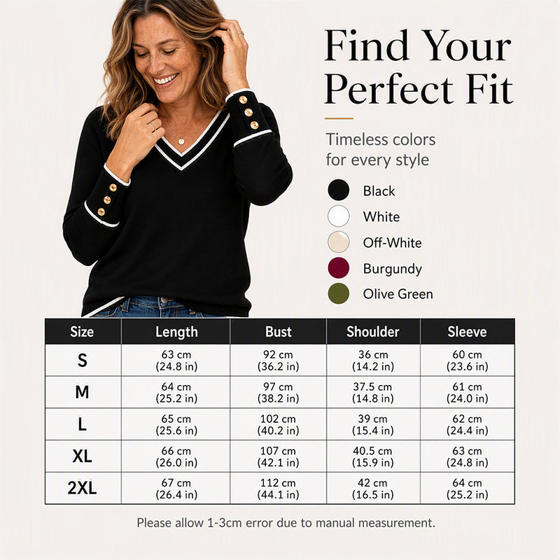 Effortless Everyday Style | Women’s Contrast-Trim V-Neck Knit Pullover with Button Cuffs – Soft, Flattering & Easy to Wear