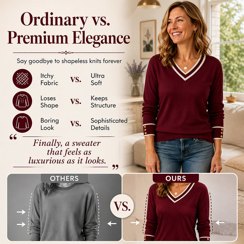 Effortless Everyday Style | Women’s Contrast-Trim V-Neck Knit Pullover with Button Cuffs – Soft, Flattering & Easy to Wear