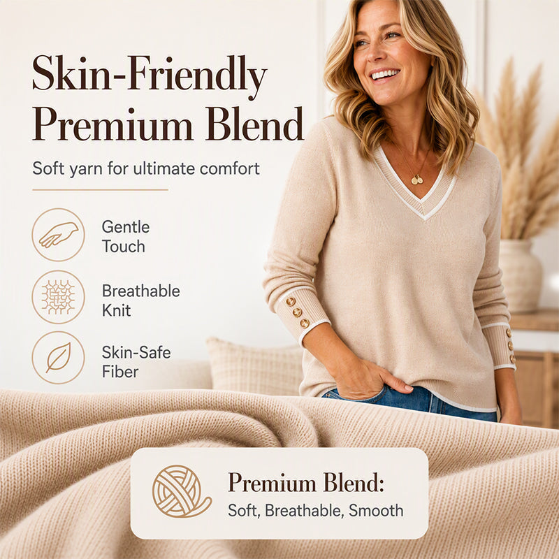 Effortless Everyday Style | Women’s Contrast-Trim V-Neck Knit Pullover with Button Cuffs – Soft, Flattering & Easy to Wear