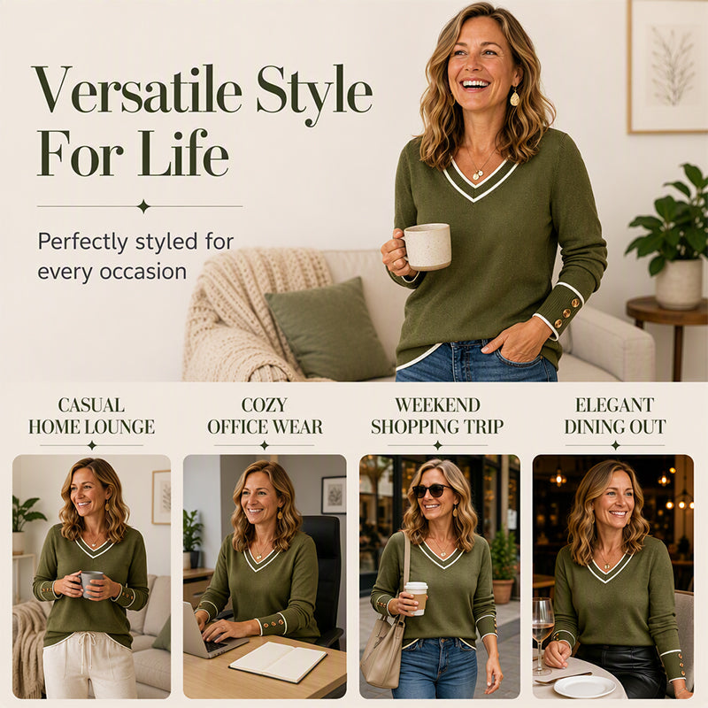 Effortless Everyday Style | Women’s Contrast-Trim V-Neck Knit Pullover with Button Cuffs – Soft, Flattering & Easy to Wear