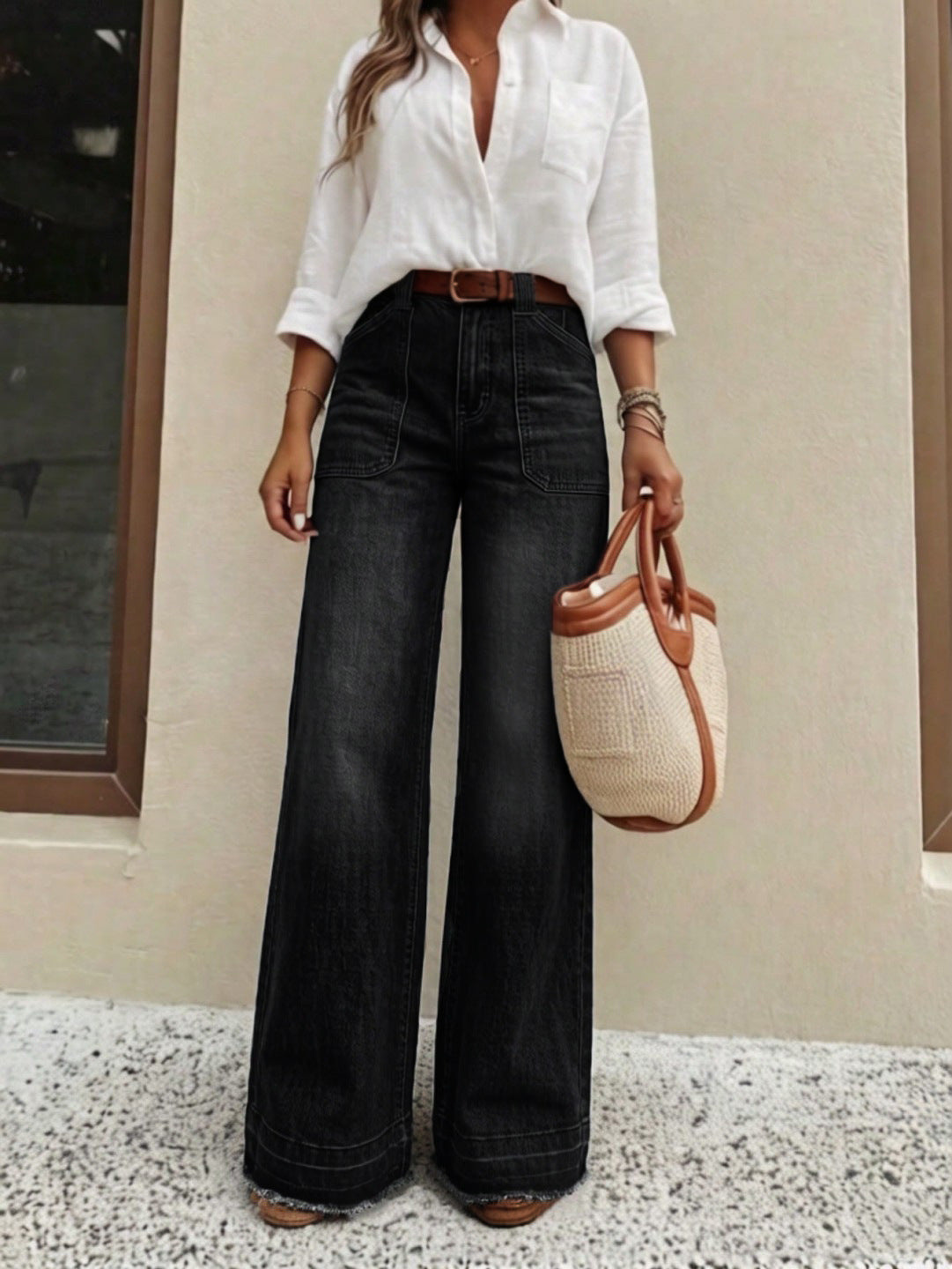 💕 Women's High-Waisted Stretch Wide-Leg Jeans – Flattering Straight-Leg Silhouette, Stylish Front Pockets & Relaxed Denim Comfort for Effortlessly Chic Everyday Outfits! ✨