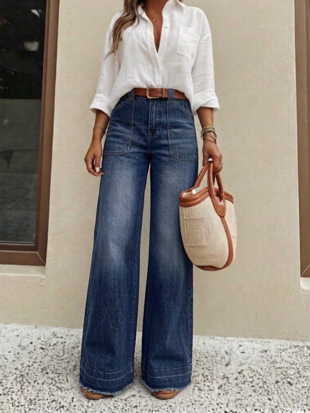 💕 Women's High-Waisted Stretch Wide-Leg Jeans – Flattering Straight-Leg Silhouette, Stylish Front Pockets & Relaxed Denim Comfort for Effortlessly Chic Everyday Outfits! ✨