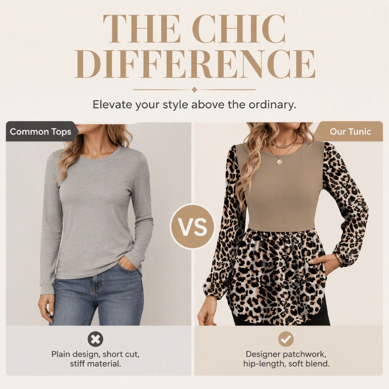 🐆 Make Every Outfit Stand Out with a Touch of Leopard! 💕 Women's Chic Leopard Print Patchwork Tunic Top – Flattering Waist-Defining Design, Elegant Long Sleeves, Soft Fabric & Flowing Peplum Hem for a Beautifully Feminine Everyday Look! ✨