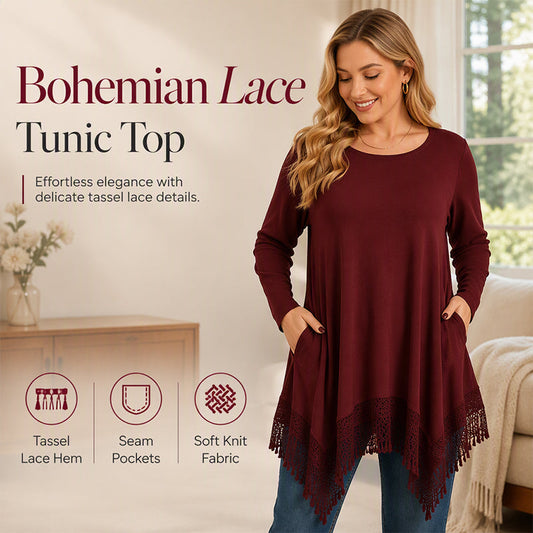 💕 Women's Lace-Trim Long Sleeve Tunic Top – Beautiful Tassel Hem, Flowy Asymmetrical Silhouette, Soft Knit Comfort & Handy Side Pockets for Effortlessly Chic Everyday Style! ✨