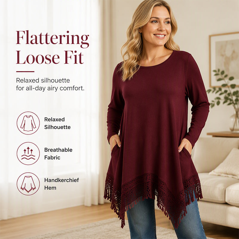 💕 Women's Lace-Trim Long Sleeve Tunic Top – Beautiful Tassel Hem, Flowy Asymmetrical Silhouette, Soft Knit Comfort & Handy Side Pockets for Effortlessly Chic Everyday Style! ✨