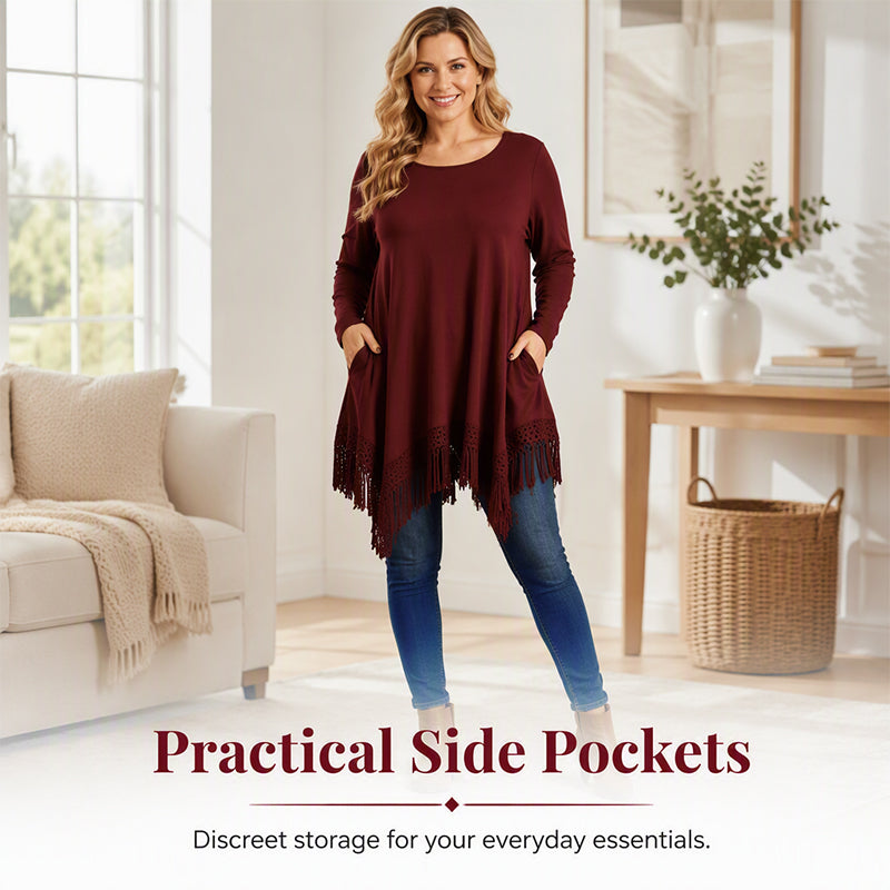 💕 Women's Lace-Trim Long Sleeve Tunic Top – Beautiful Tassel Hem, Flowy Asymmetrical Silhouette, Soft Knit Comfort & Handy Side Pockets for Effortlessly Chic Everyday Style! ✨