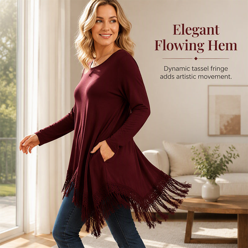 💕 Women's Lace-Trim Long Sleeve Tunic Top – Beautiful Tassel Hem, Flowy Asymmetrical Silhouette, Soft Knit Comfort & Handy Side Pockets for Effortlessly Chic Everyday Style! ✨