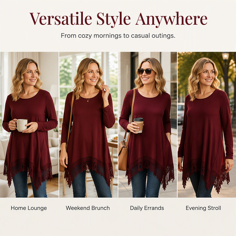 💕 Women's Lace-Trim Long Sleeve Tunic Top – Beautiful Tassel Hem, Flowy Asymmetrical Silhouette, Soft Knit Comfort & Handy Side Pockets for Effortlessly Chic Everyday Style! ✨