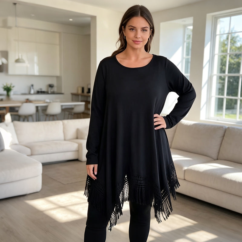 💕 Women's Lace-Trim Long Sleeve Tunic Top – Beautiful Tassel Hem, Flowy Asymmetrical Silhouette, Soft Knit Comfort & Handy Side Pockets for Effortlessly Chic Everyday Style! ✨