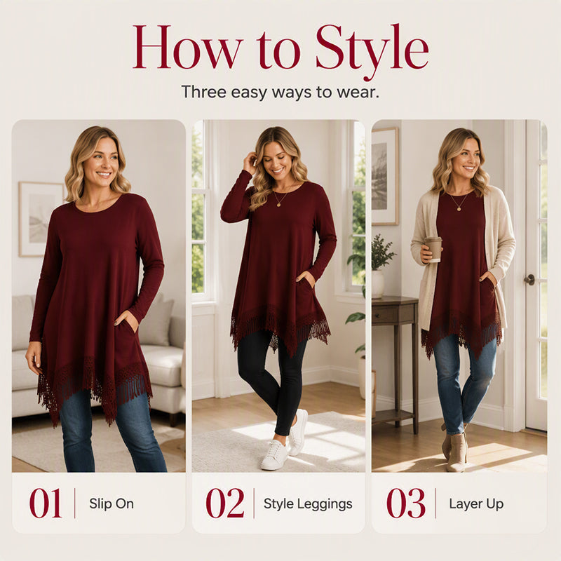 💕 Women's Lace-Trim Long Sleeve Tunic Top – Beautiful Tassel Hem, Flowy Asymmetrical Silhouette, Soft Knit Comfort & Handy Side Pockets for Effortlessly Chic Everyday Style! ✨