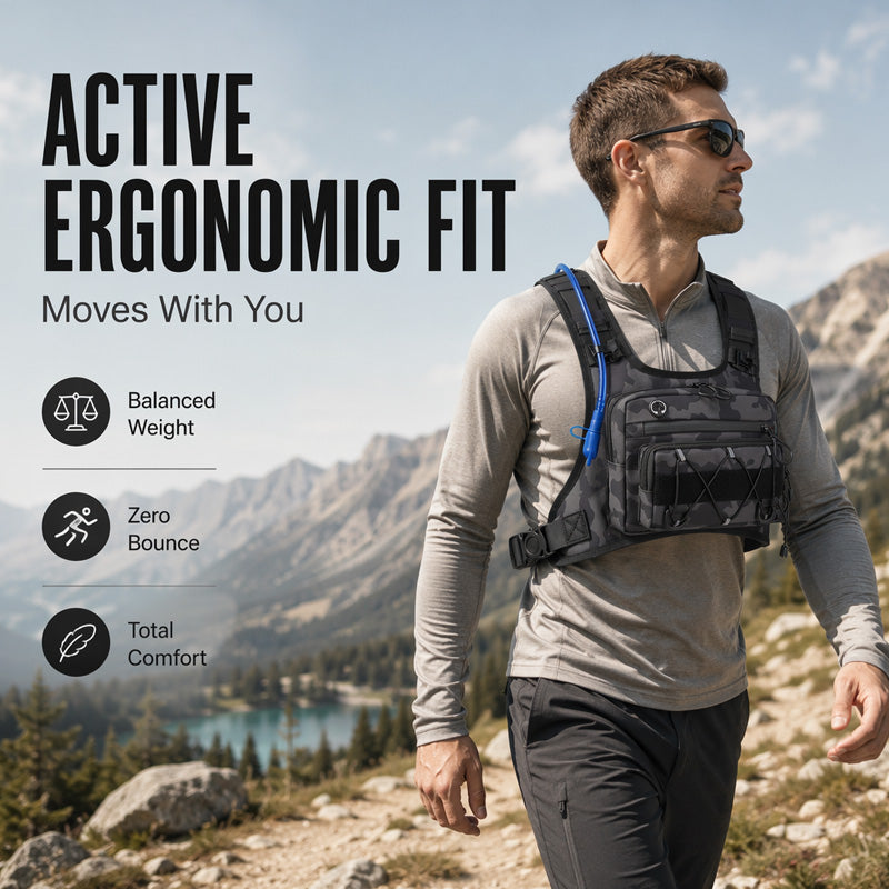 Men’s Hydration Ready Cycling Chest Vest Pack, Ergonomic Tactical Chest Bag, Zero Bounce Adjustable Outdoor Vest For Cycling, Hiking & Trail Running