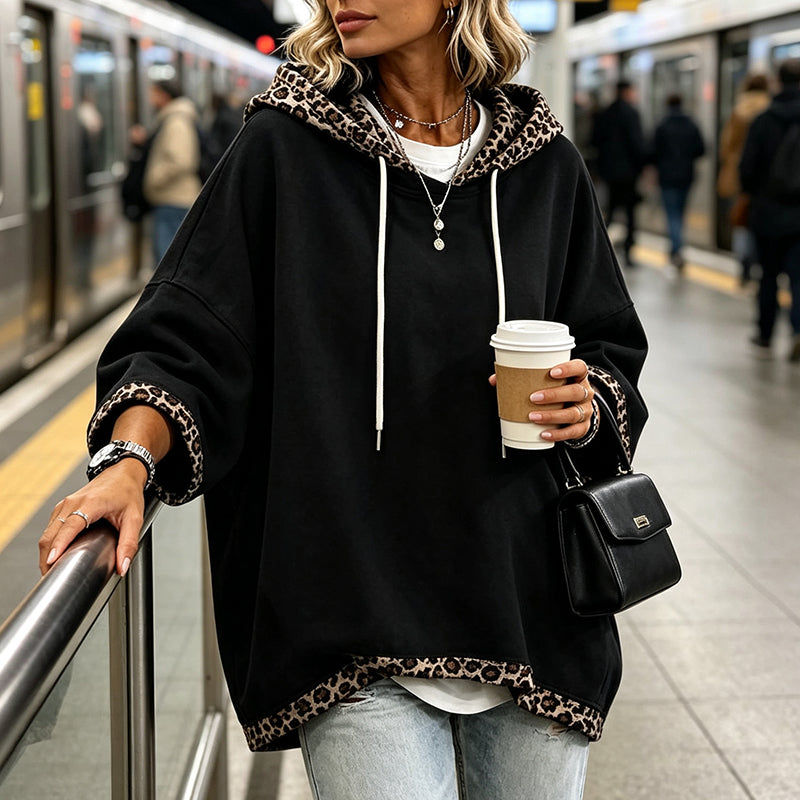 💕 Women's Leopard Trim Oversized Hooded Tunic – Soft Knit Comfort, Relaxed Batwing Sleeves, Adjustable Drawstring Hood & Chic Contrast Details for Effortlessly Stylish Everyday Outfits! ✨