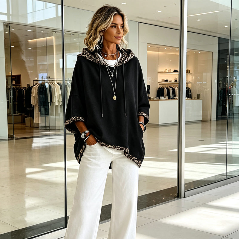 💕 Women's Leopard Trim Oversized Hooded Tunic – Soft Knit Comfort, Relaxed Batwing Sleeves, Adjustable Drawstring Hood & Chic Contrast Details for Effortlessly Stylish Everyday Outfits! ✨