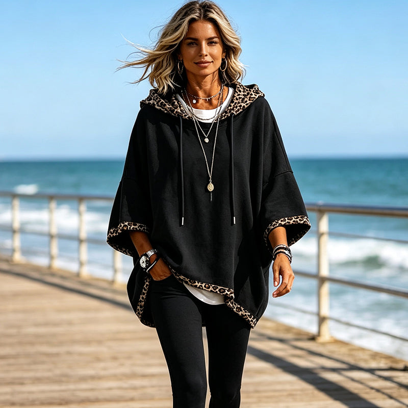 💕 Women's Leopard Trim Oversized Hooded Tunic – Soft Knit Comfort, Relaxed Batwing Sleeves, Adjustable Drawstring Hood & Chic Contrast Details for Effortlessly Stylish Everyday Outfits! ✨