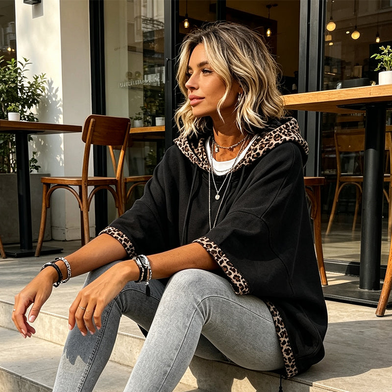 💕 Women's Leopard Trim Oversized Hooded Tunic – Soft Knit Comfort, Relaxed Batwing Sleeves, Adjustable Drawstring Hood & Chic Contrast Details for Effortlessly Stylish Everyday Outfits! ✨